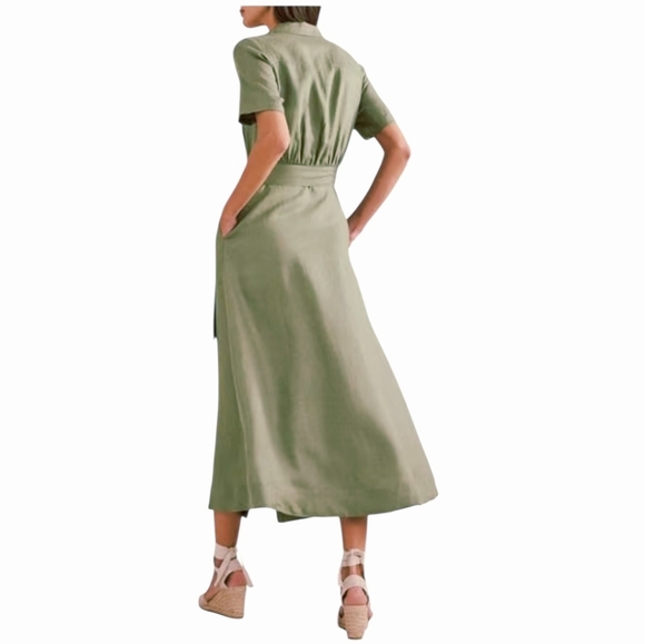 Boden Notched Collar Tie Waist Linen Shirtdress Olive Green Women's US 6 - Picture 2 of 8